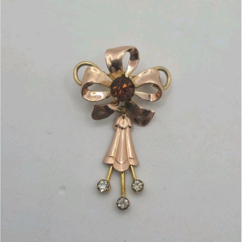 Van Dell 1940s 1/20 12K Gold Filled Trembler Rhinestone Bow Brooch Vintage